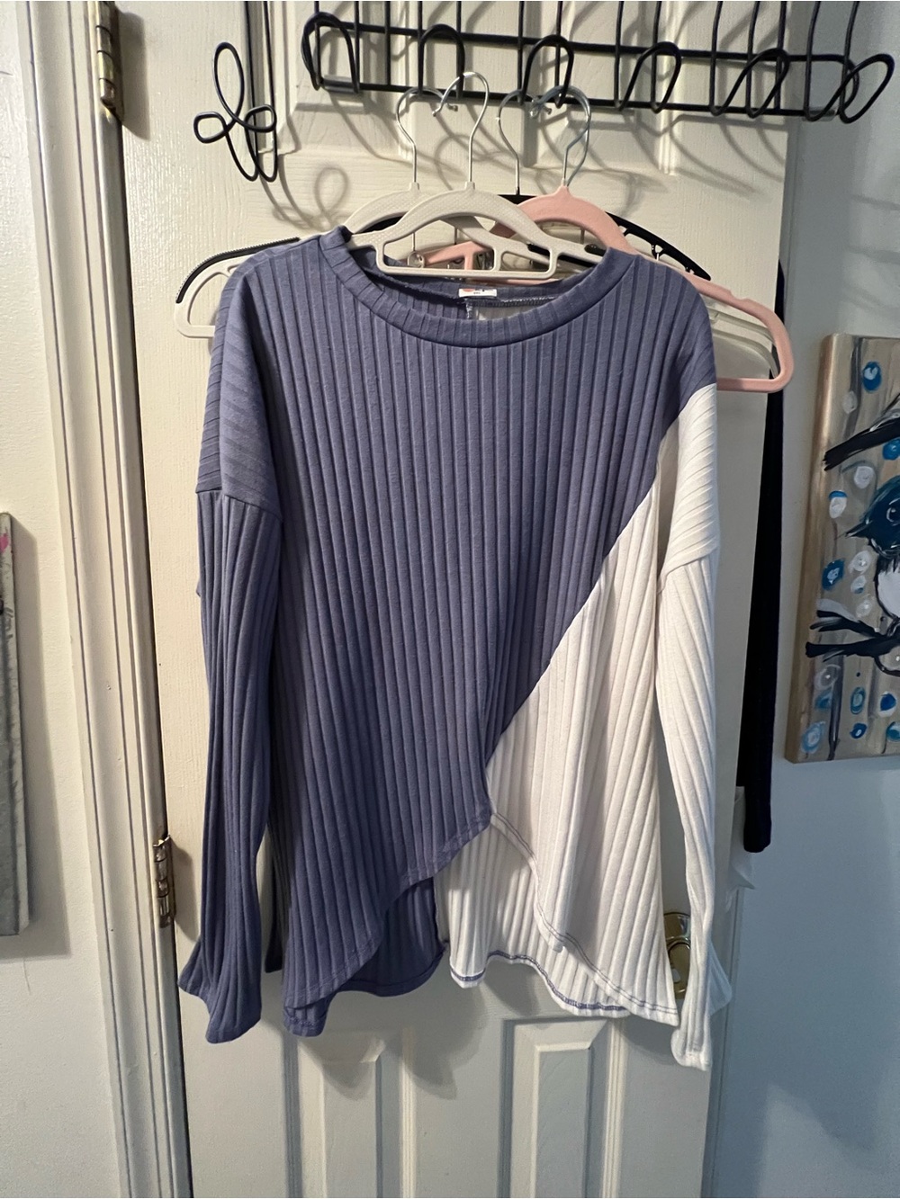 Ripe Lavender and White Ribbed Diagonal Hem Long-Sleeve Top